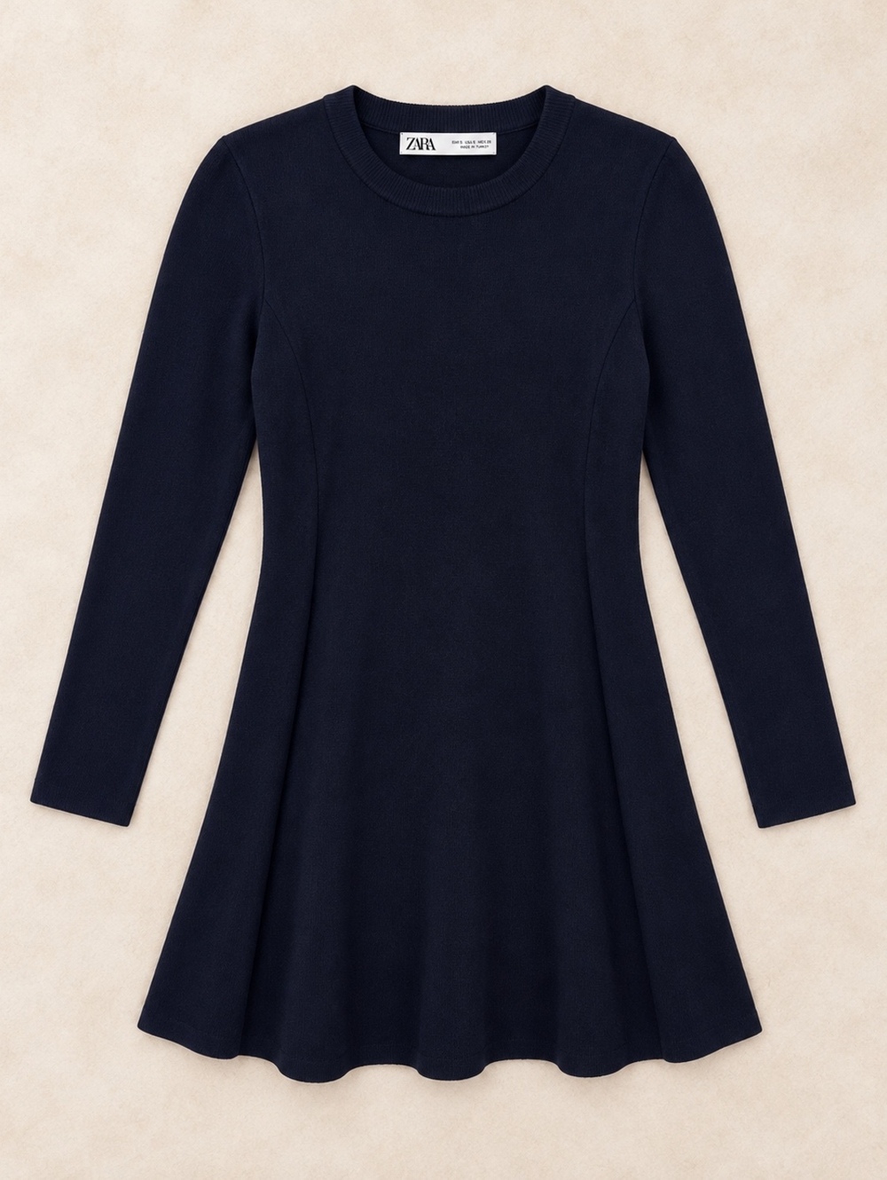 Zara Navy Blue Long Sleeve Knit Dress - Size S, Flared Skirt